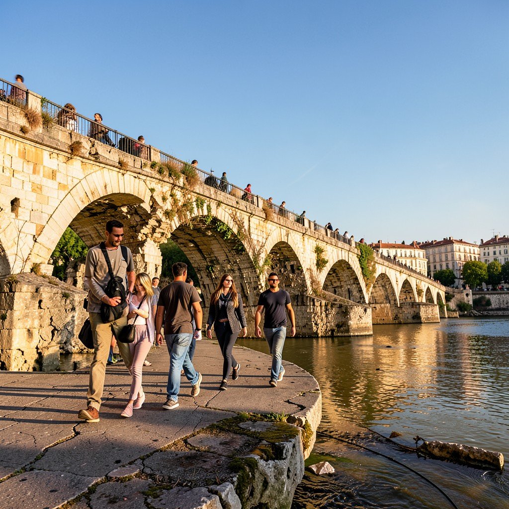 Lifestyle photography of people walking on the broken Avignon Bridge over the Rhone river, sunny weather with warm lighting and blue sky, natural setting, no visible text. 4:3