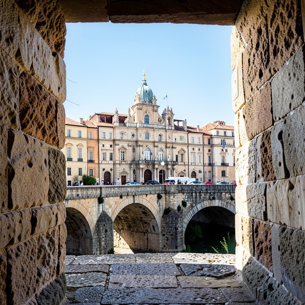 Scenic view of the Papal Palace in Avignon seen from the bridge, framed by textured stone walls under bright balanced sunlight, no visible text. 4:3