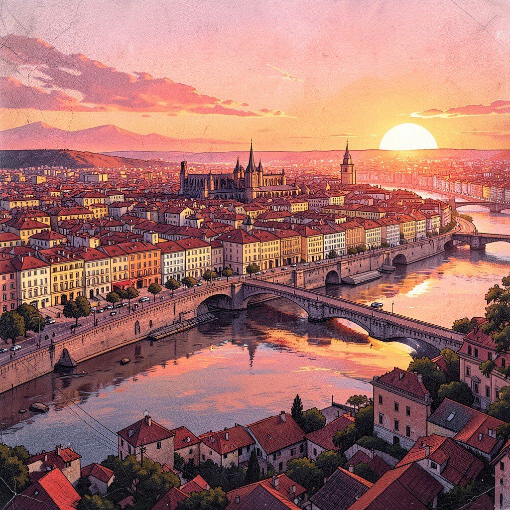 A beautiful panoramic illustration of the Avignon cityscape at sunset, showing the historical centre and the Rhone river with warm glowing colors, textured background, no visible text. 1:1