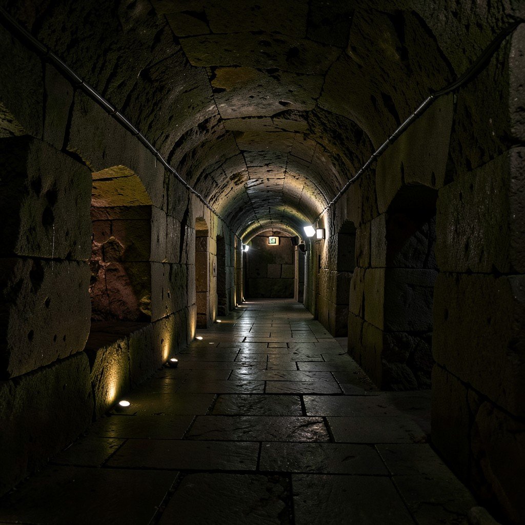 Inside the ancient Naples underground tunnels, Napoli Sotterranea, dimly lit stone pathways, ancient Roman aqueducts, atmospheric lighting, historical exploration, photography, 1:1