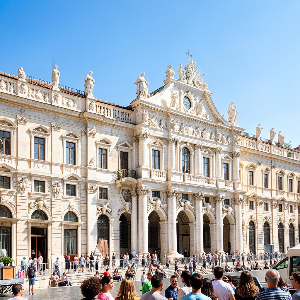 Royal Palace of Naples facade at Piazza del Plebiscito, detailed stone sculptures on the rooftop, sunny day, historical Italian architecture, tourists admiring the view, 1:1