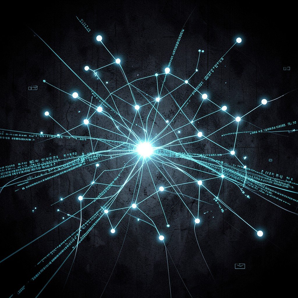 A futuristic conceptual image representing AI technology integration. Glowing neural network nodes and data streams over a dark textured background. High contrast, modern layout. No visible text. Aspect ratio 4:3
