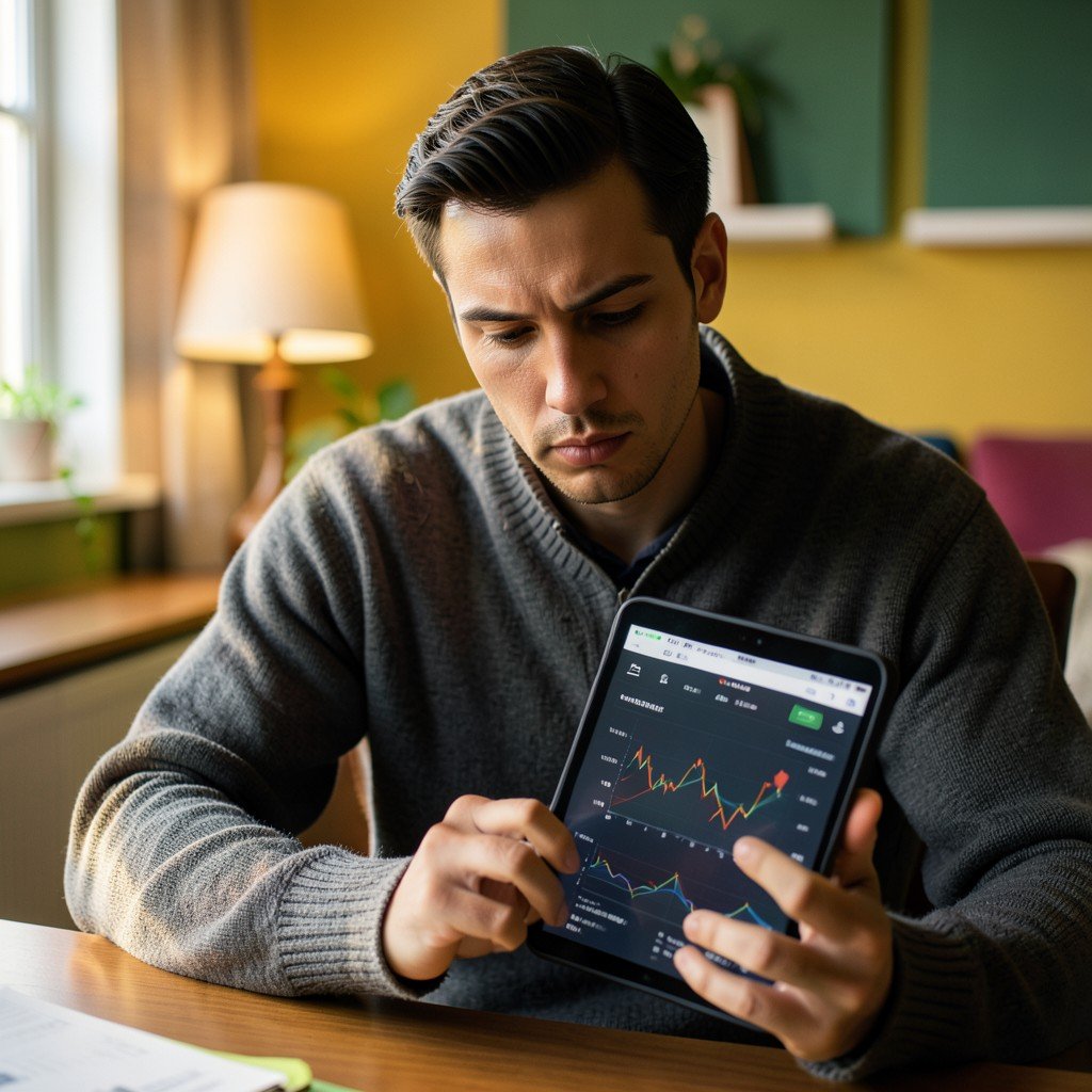 A lifestyle photograph of a person analyzing financial news on a tablet in a warm, softly lit home office setting. Serious and focused natural expression. Colored background, natural lighting. No visible text. Aspect ratio 1:1
