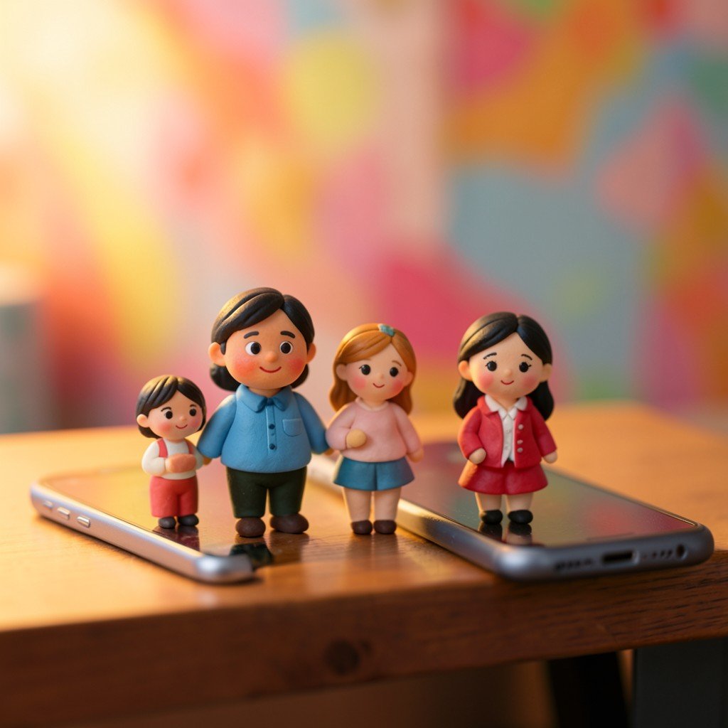 Cute miniature claymation style figurines of a family on a desk next to a smartphone, warm cozy lighting, soft colorful background, lifestyle photography, no text, 4:3