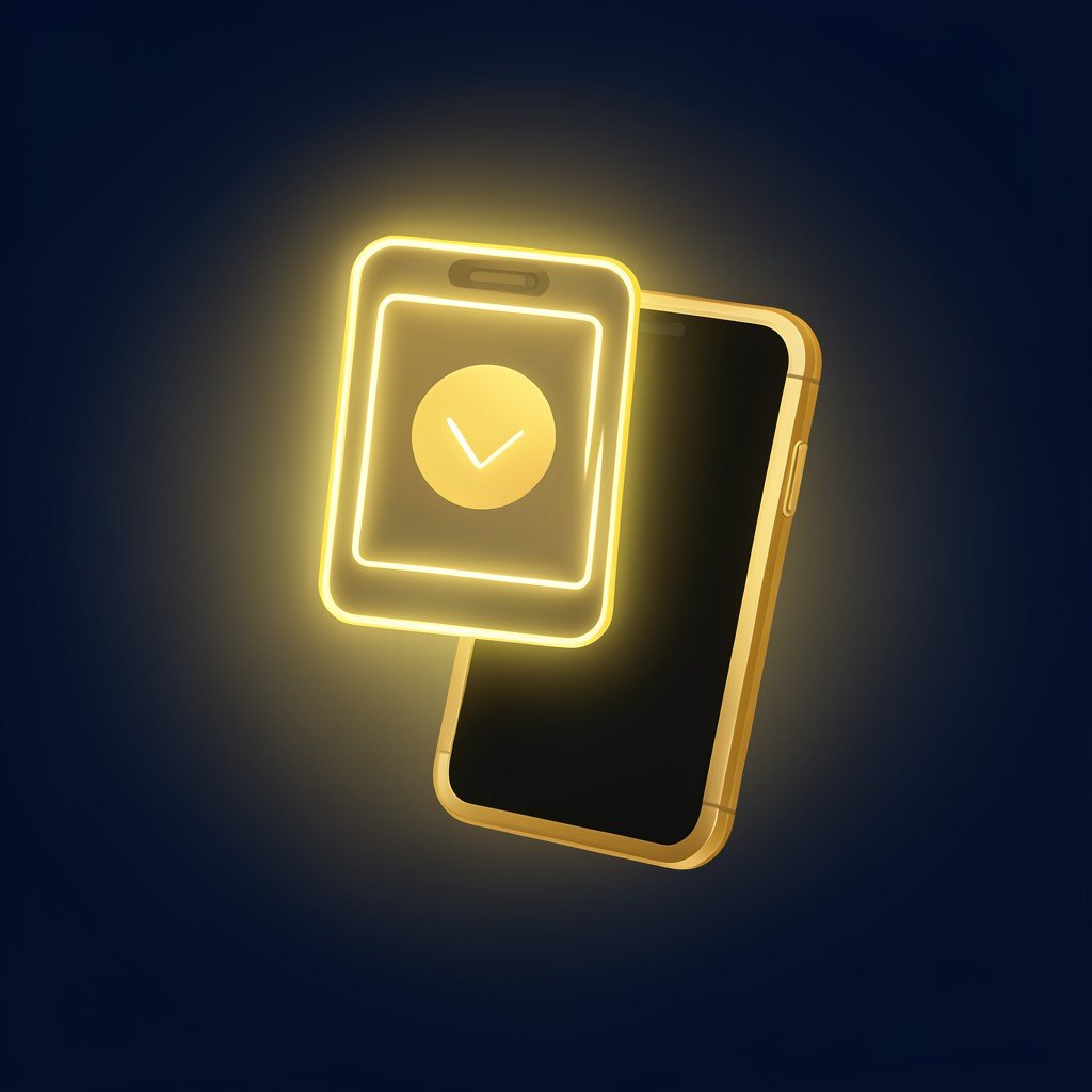 A premium subscription concept illustration with a glowing membership card and a smartphone, gold and dark blue gradient background, modern flat design, no text, 4:3