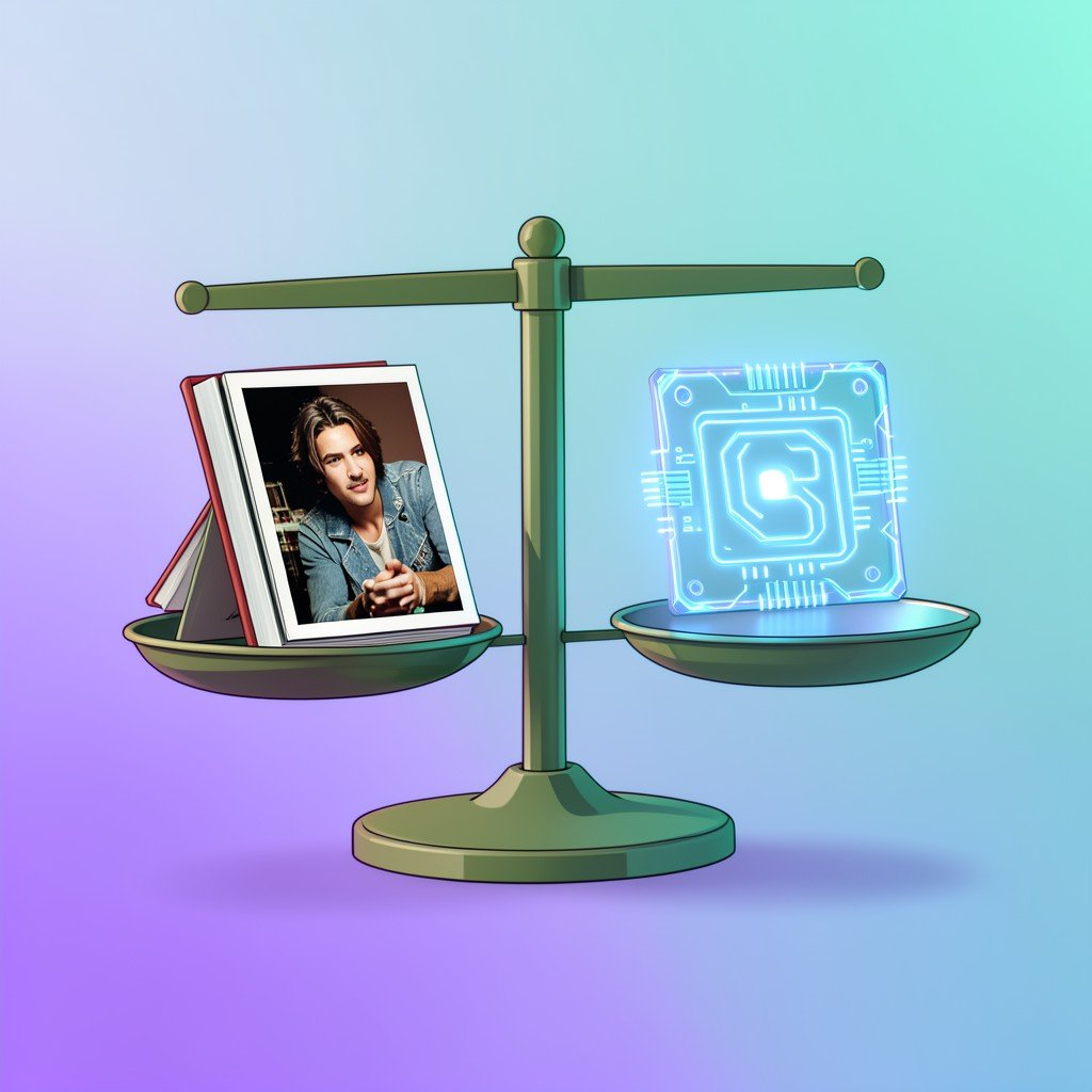 A balanced scale with a photo album on one side and a glowing AI chip on the other side, soft purple and teal gradient background, symbolic modern illustration, no text, 4:3