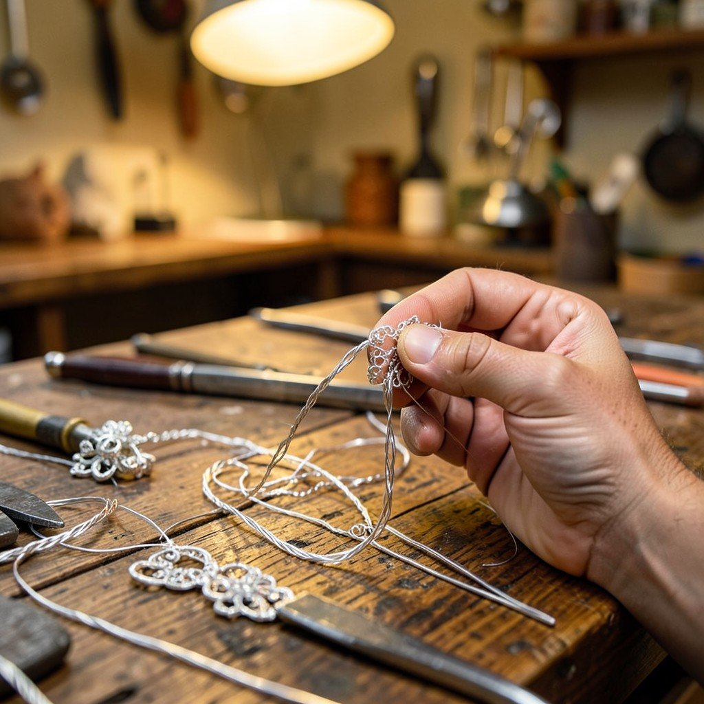 Close-up of artisan hands crafting delicate silver filigree jewelry in a traditional workshop in Colombia, fine twisted silver wires, warm workshop lighting, wooden workbench with tools, 1:1