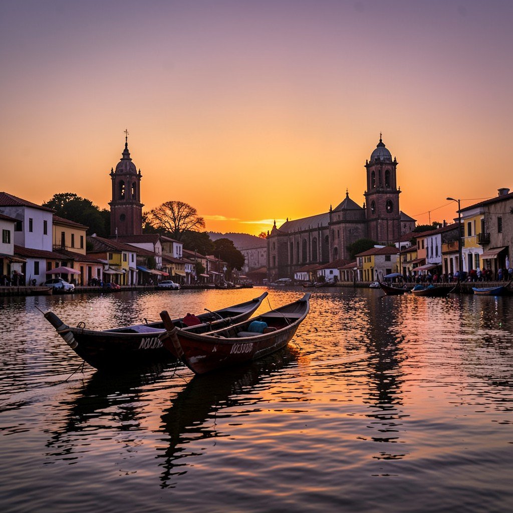 Sunset over the Magdalena river in Mompox Colombia, wooden boats floating on calm water, colonial church tower silhouette, warm orange and purple sky, peaceful riverside atmosphere, 4:3