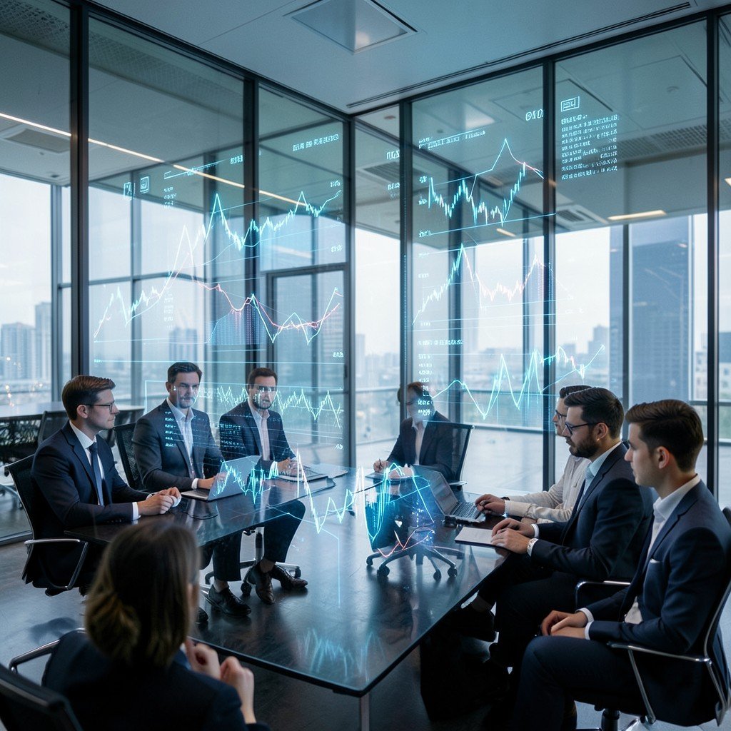 Abstract representation of a financial strategy meeting in a modern glass office, digital charts glowing in the air, focused atmosphere, no korean text, aspect ratio 1:1