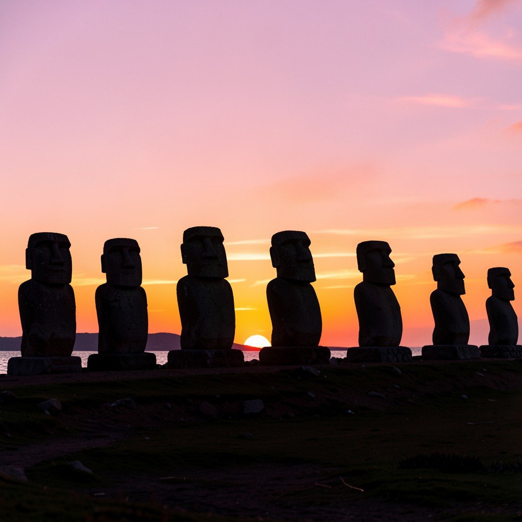 Ahu Tongariki fifteen restored moai statues in a row at sunrise, Easter Island, soft pink and orange sky, silhouettes of ancient stone figures, cinematic landscape photography, 4:3