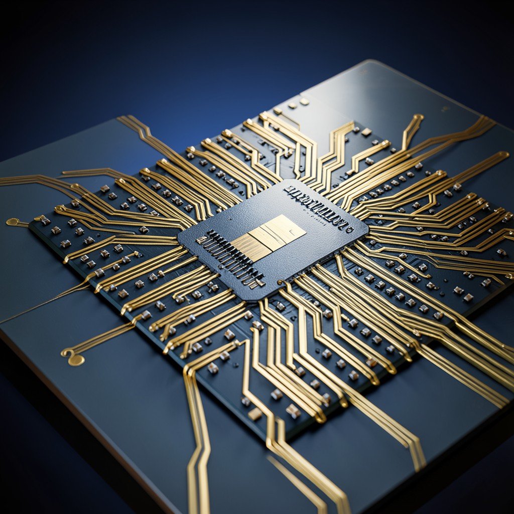 close up of advanced data center processor chip with intricate golden circuits, dark blue gradient background, high tech product photography, 4:3