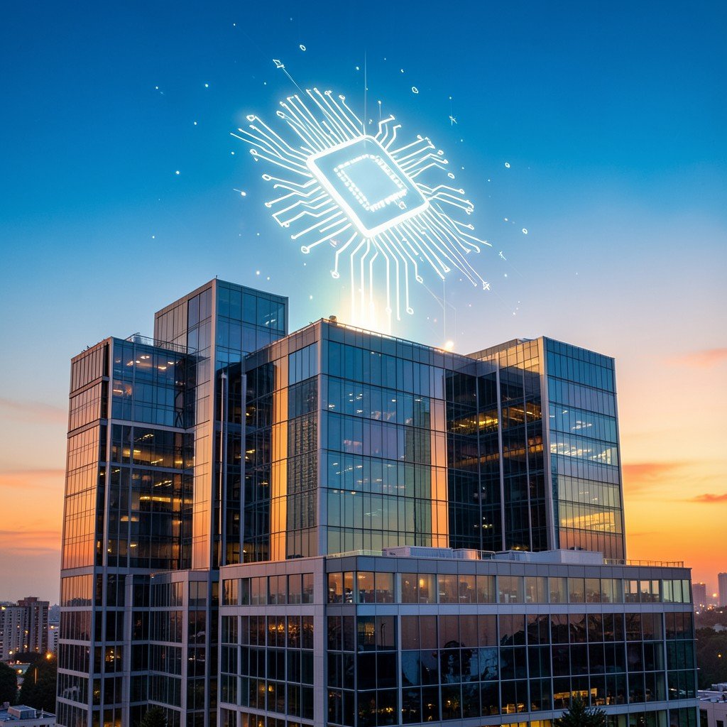 Modern office building skyline with glowing semiconductor chip hologram above, warm sunset lighting, blue and orange gradient sky, concept of global tech investment, no text, 4:3