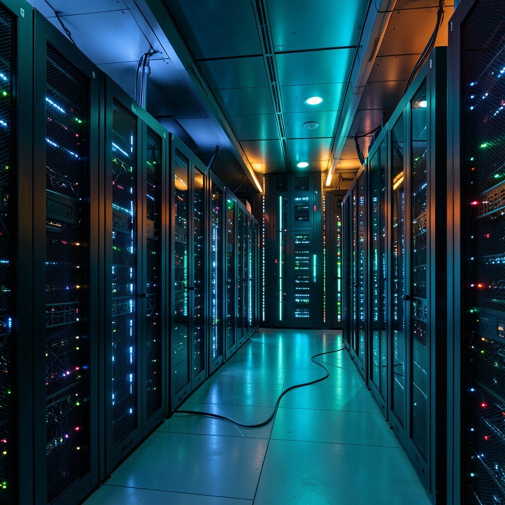 Vast futuristic data center hall with rows of glowing server racks, cool blue and teal lighting with warm accents, cinematic wide angle, sense of scale and competition, no text, 4:3