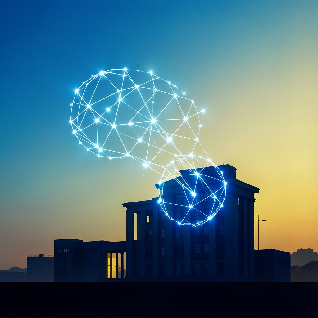 A symbolic illustration of a glowing AI neural network connecting to a government building silhouette at dusk, blue and gold gradient sky, modern digital art style, no text, 4:3