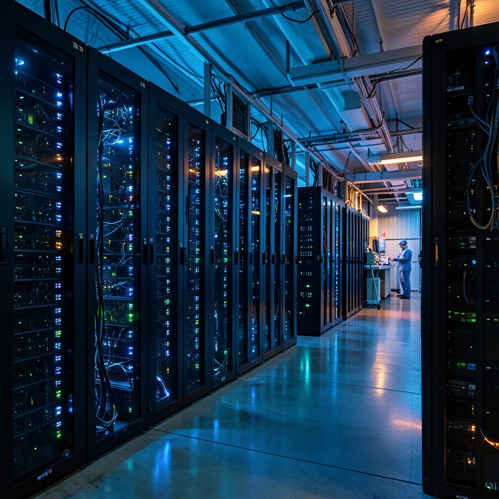 A massive data center interior with rows of glowing AI server racks and cooling systems, engineers in the distance, cool blue lighting with warm accents, no text, 4:3