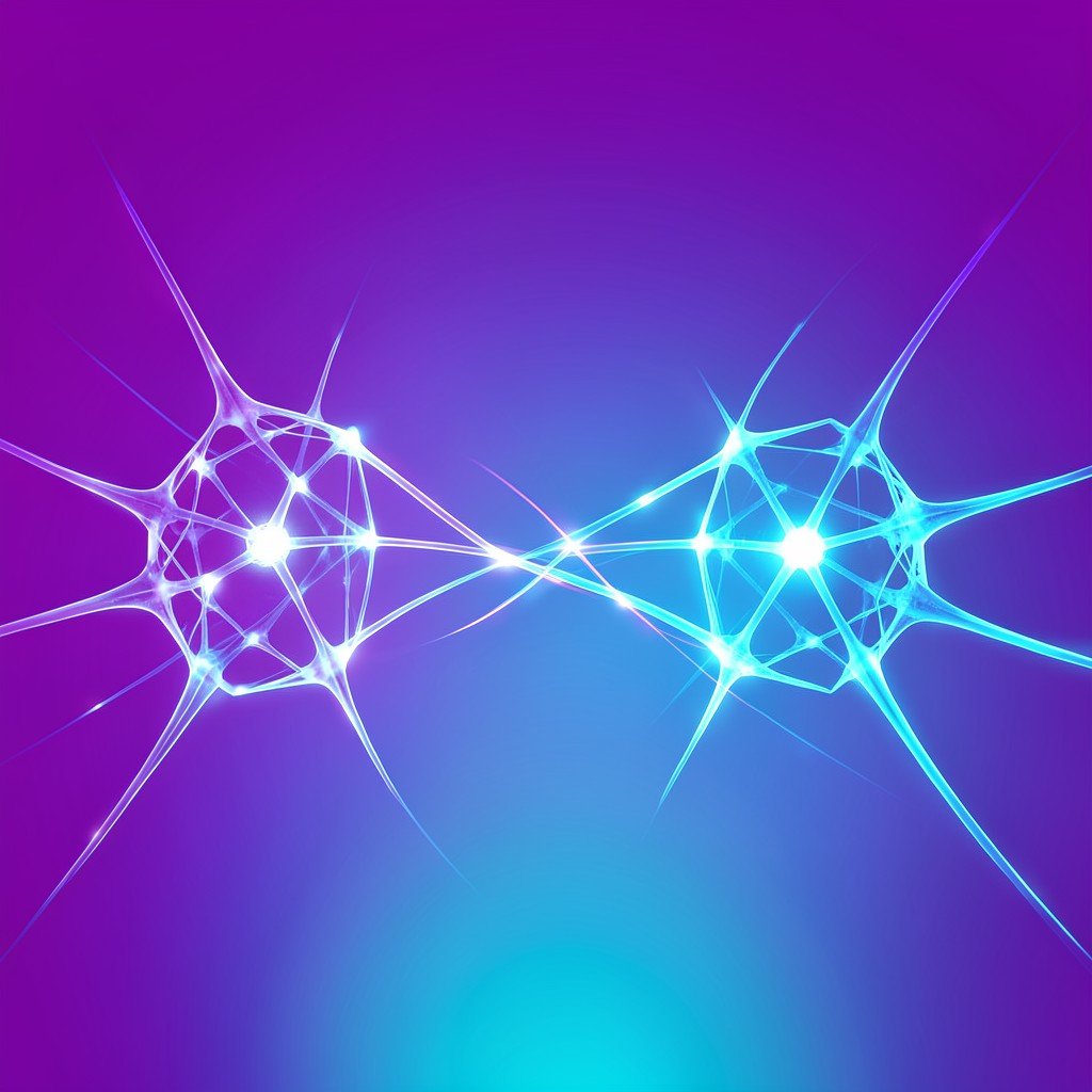 Two abstract glowing AI neural network structures connecting through streams of light, symbolizing a major technology partnership, deep purple and cyan gradient background, no text, 4:3