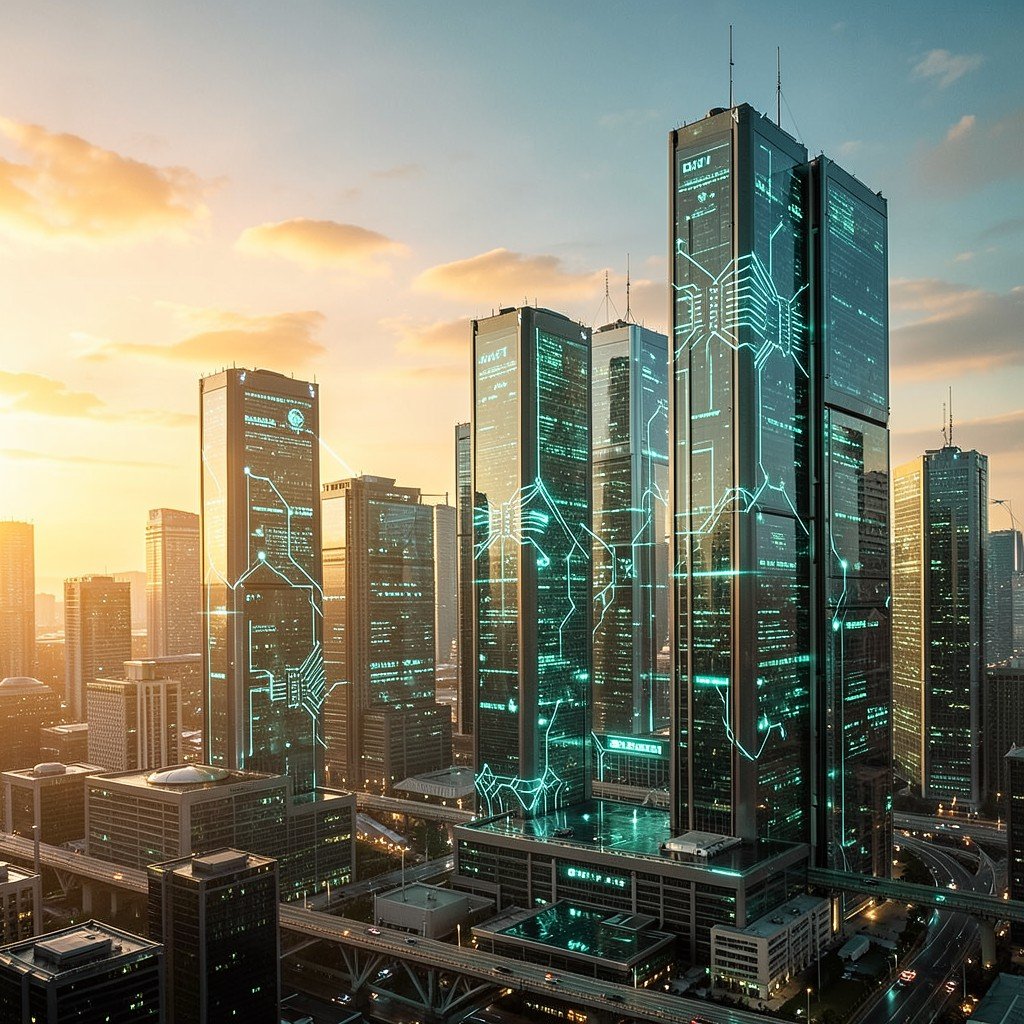 A futuristic cityscape at sunset with glowing data centers and semiconductor motifs integrated into the skyline, warm golden and teal tones, hopeful atmosphere, no text, 4:3