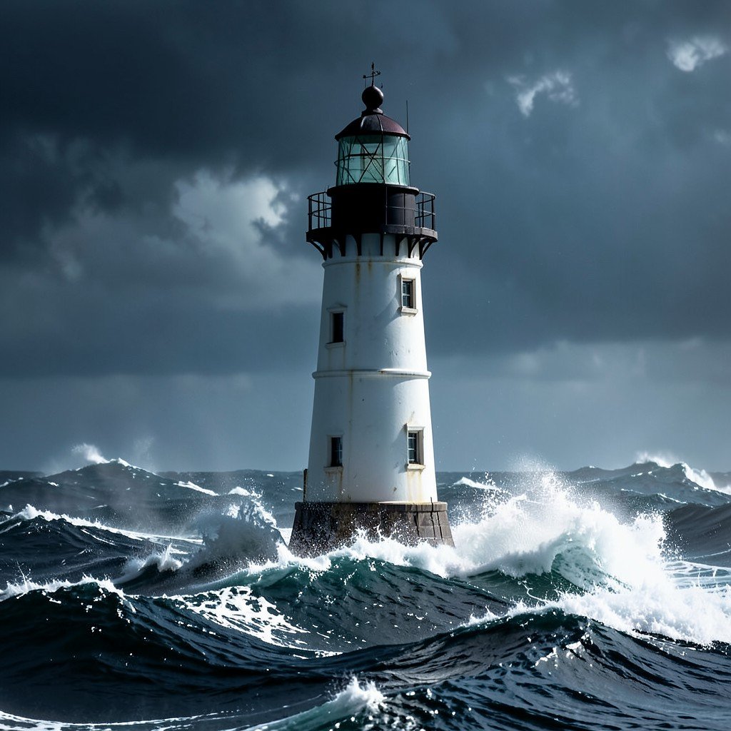 Resilient lighthouse standing firm amid stormy digital ocean waves, metaphor for surviving market correction, no text, 4:3