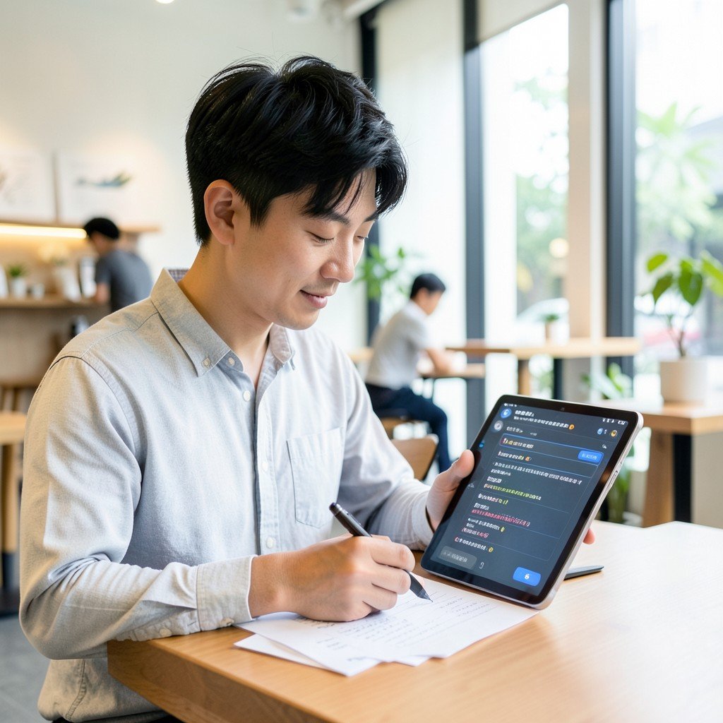 A Korean person carefully reviewing AI chatbot answers on a tablet while taking notes on paper, bright and balanced lighting, modern cafe setting, natural expression, 4:3