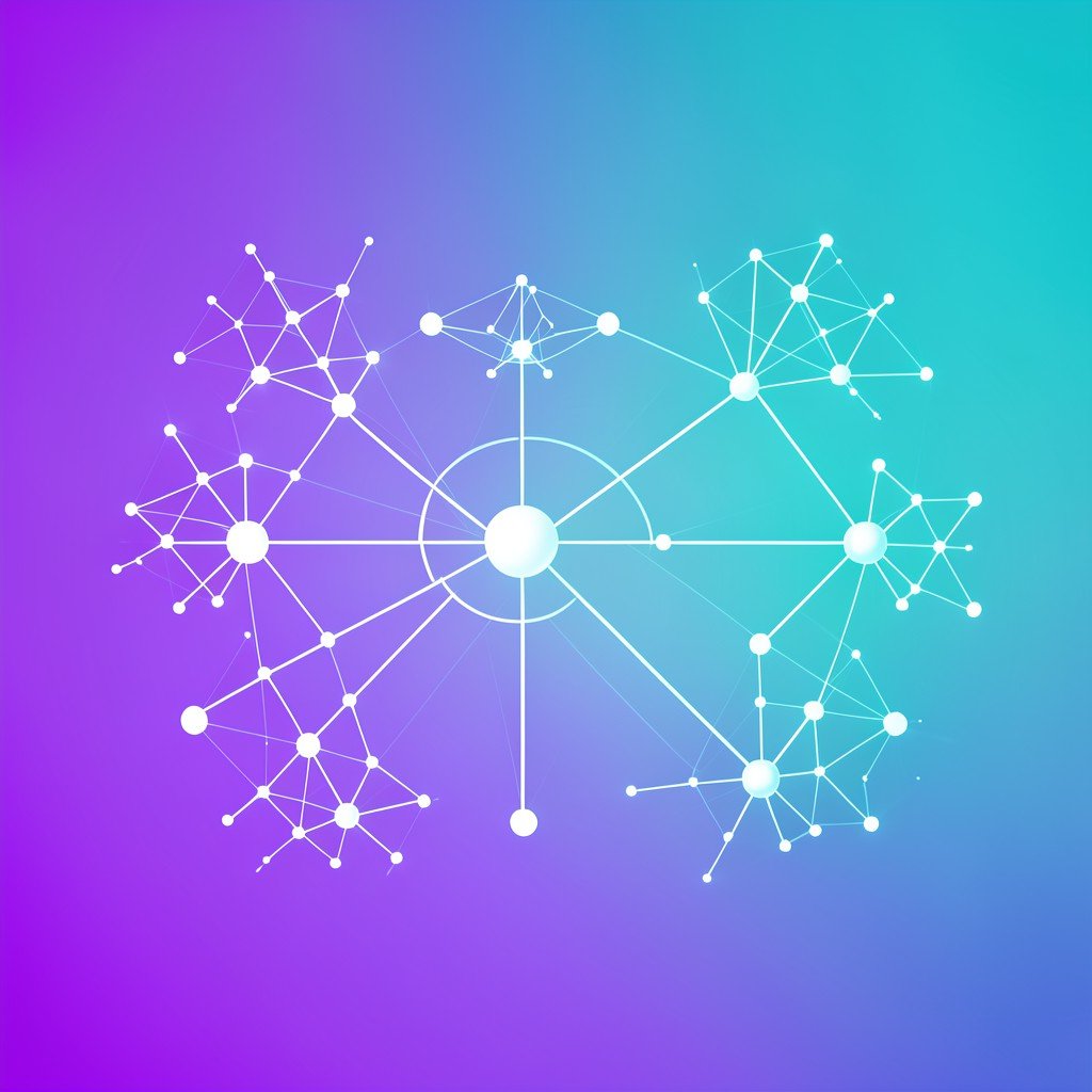 Clean modern illustration showing multiple AI neural network models of different sizes connected in a network on purple and teal gradient background, efficient technology concept, no visible text, bright lighting, 4:3 aspect ratio
