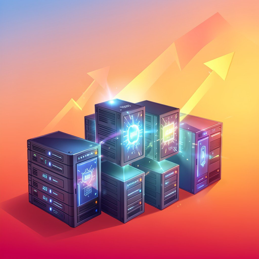 Modern business concept illustration of cloud computing servers connected to glowing AI chips with upward momentum arrows on warm sunset gradient background, investment growth theme, no visible text, bright lighting, 4:3 aspect ratio