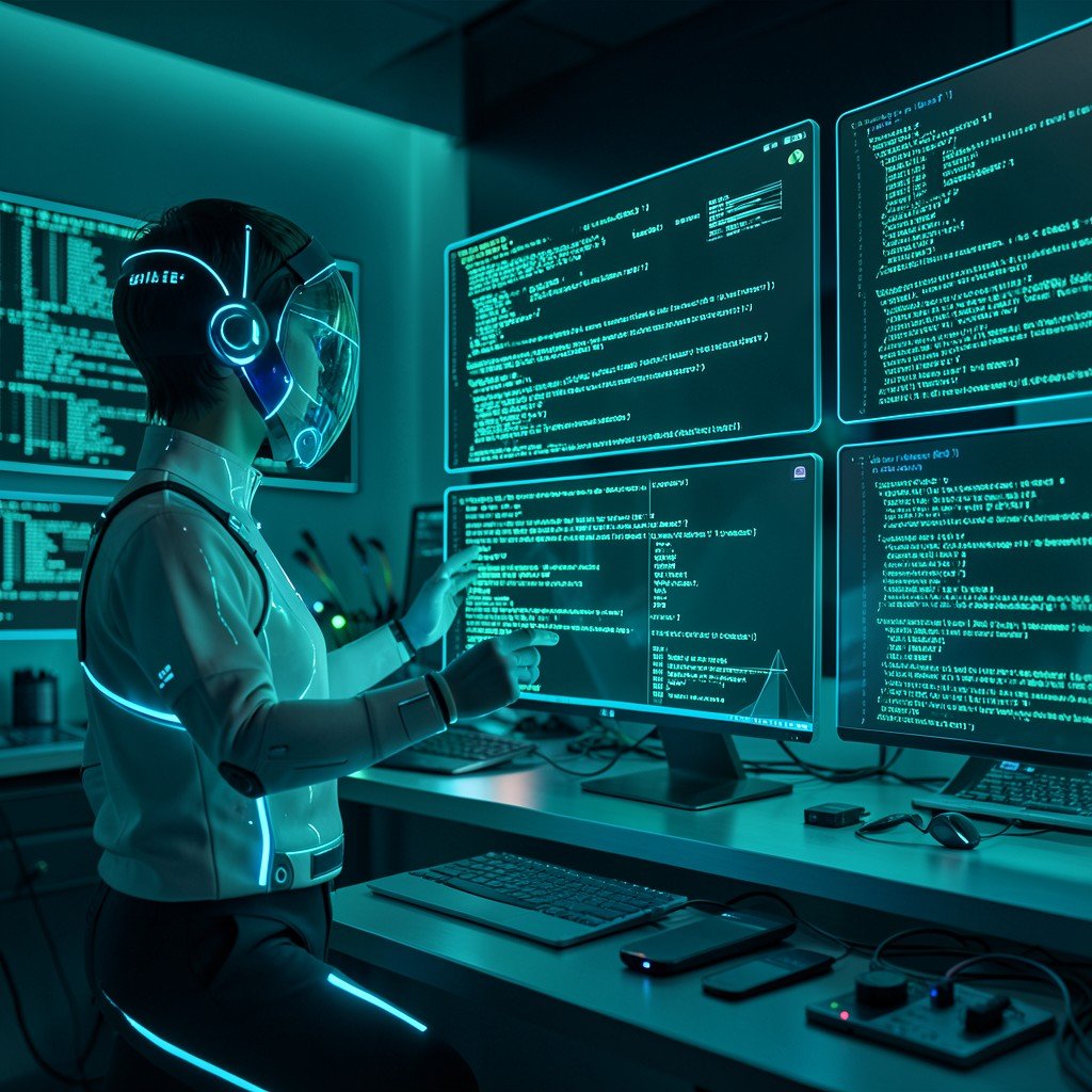 Futuristic AI agent reviewing lines of glowing code on multiple floating screens, developer workspace ambience, teal and dark blue tones, no visible text, 4:3