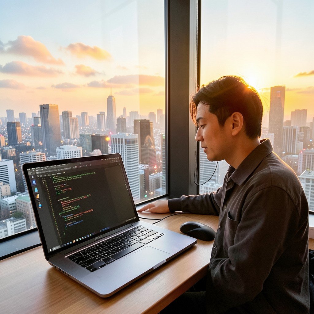 Korean software developer looking at a bright city skyline through office window at sunset, laptop with code editor on desk, warm hopeful lighting, no visible text, 4:3
