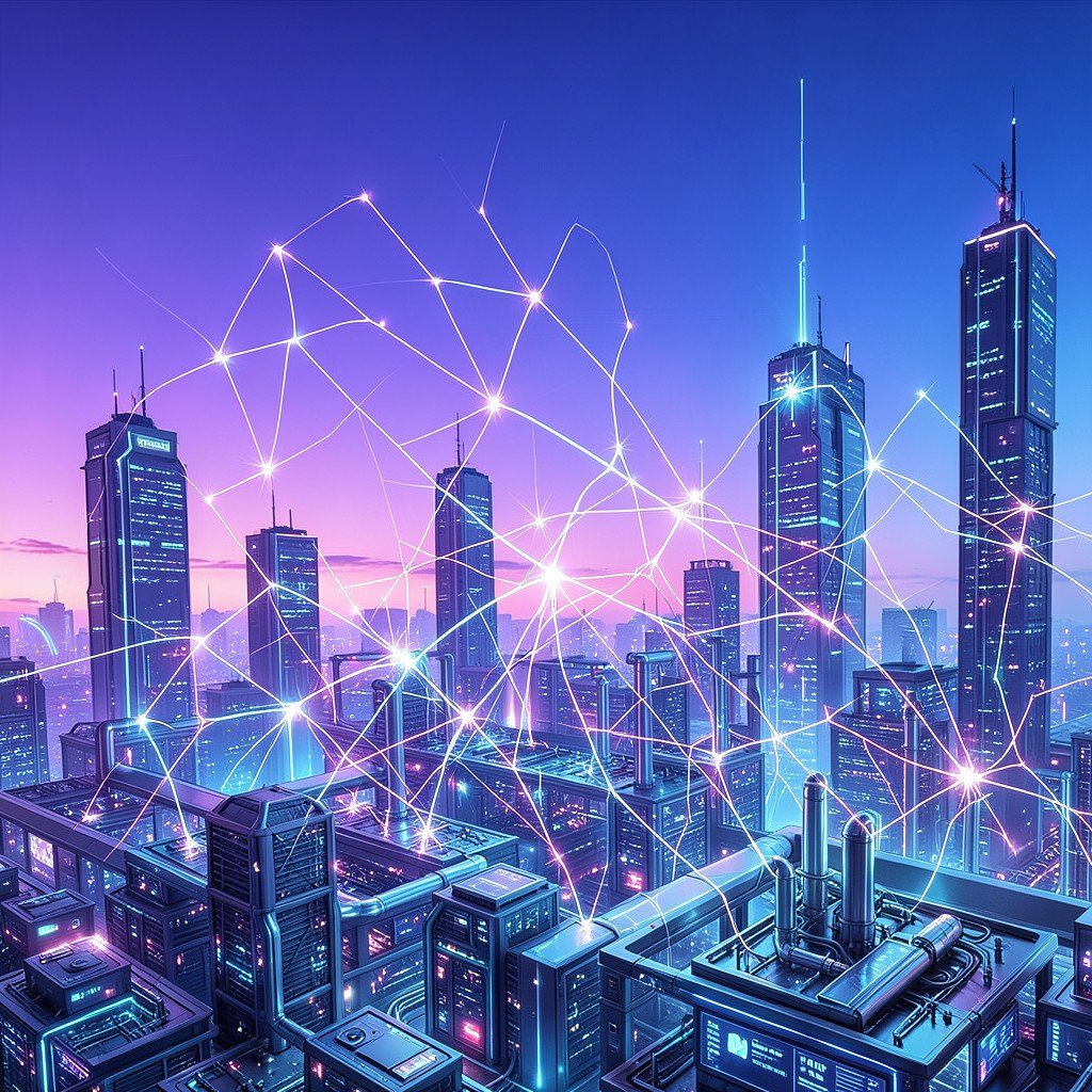 futuristic AI cityscape with glowing neural network connections over semiconductor factory, purple and blue gradient sky, inspirational technology illustration, 4:3