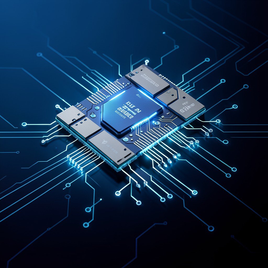 Futuristic AI accelerator chip with glowing circuits and memory modules, dark blue gradient tech background, custom ASIC design concept, no text, 4:3