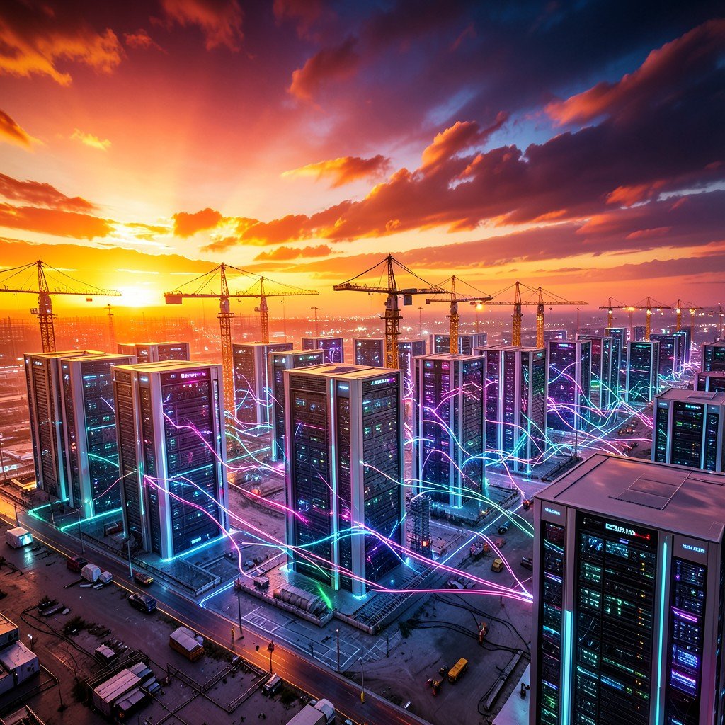 A panoramic view of multiple futuristic data centers under construction with cranes and glowing energy lines, symbolizing AI infrastructure race among tech giants, dramatic sunset sky, rich warm colors, no text, 4:3