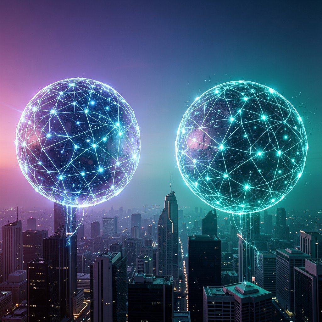 Two glowing AI neural network spheres facing each other above a futuristic cityscape at dusk, symbolizing rivalry between AI companies, purple and teal gradient sky, cinematic lighting, no text, 4:3