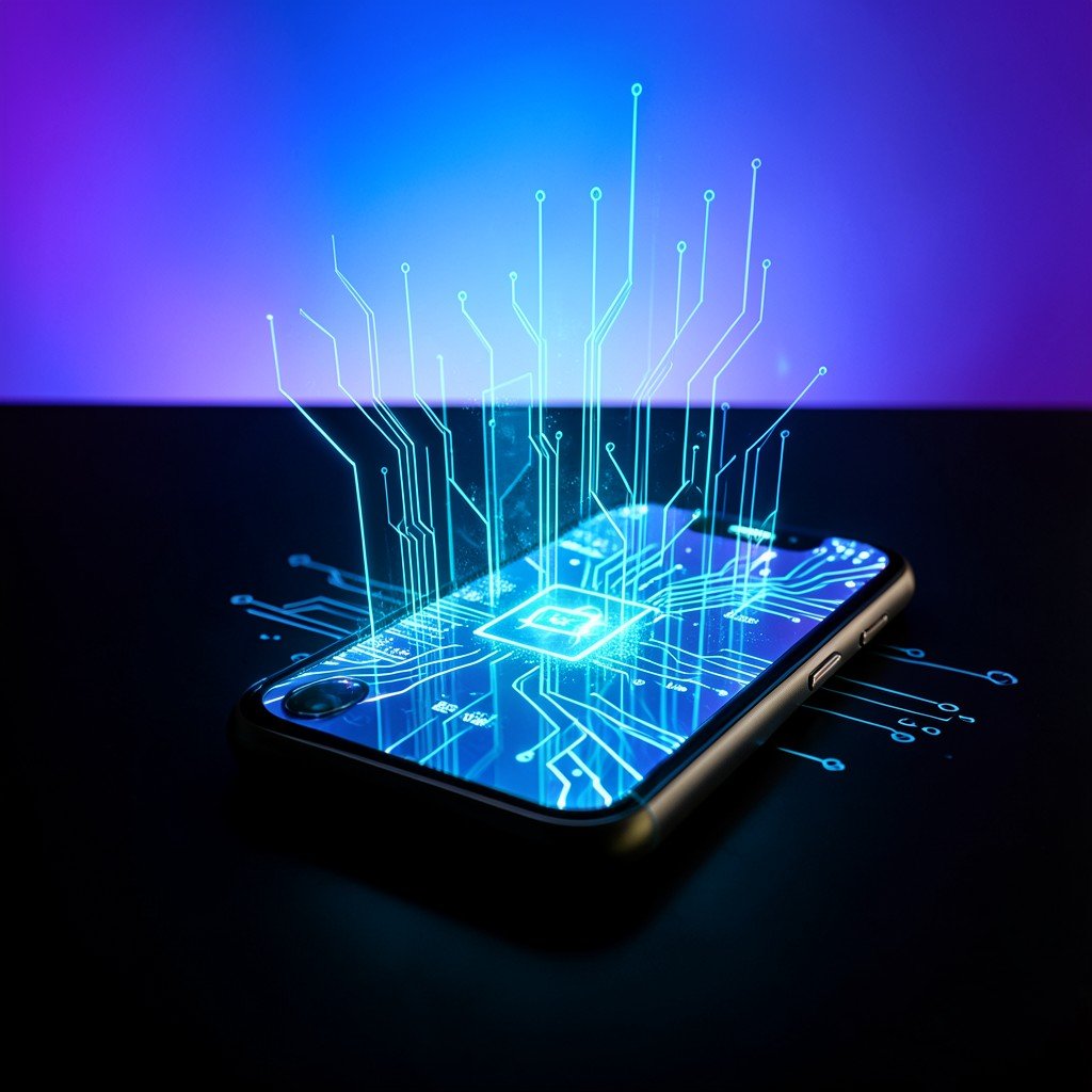 A glowing smartphone on a dark desk surrounded by holographic AI circuit patterns rising from the screen, futuristic blue and purple gradient background, high contrast, no text, 4:3