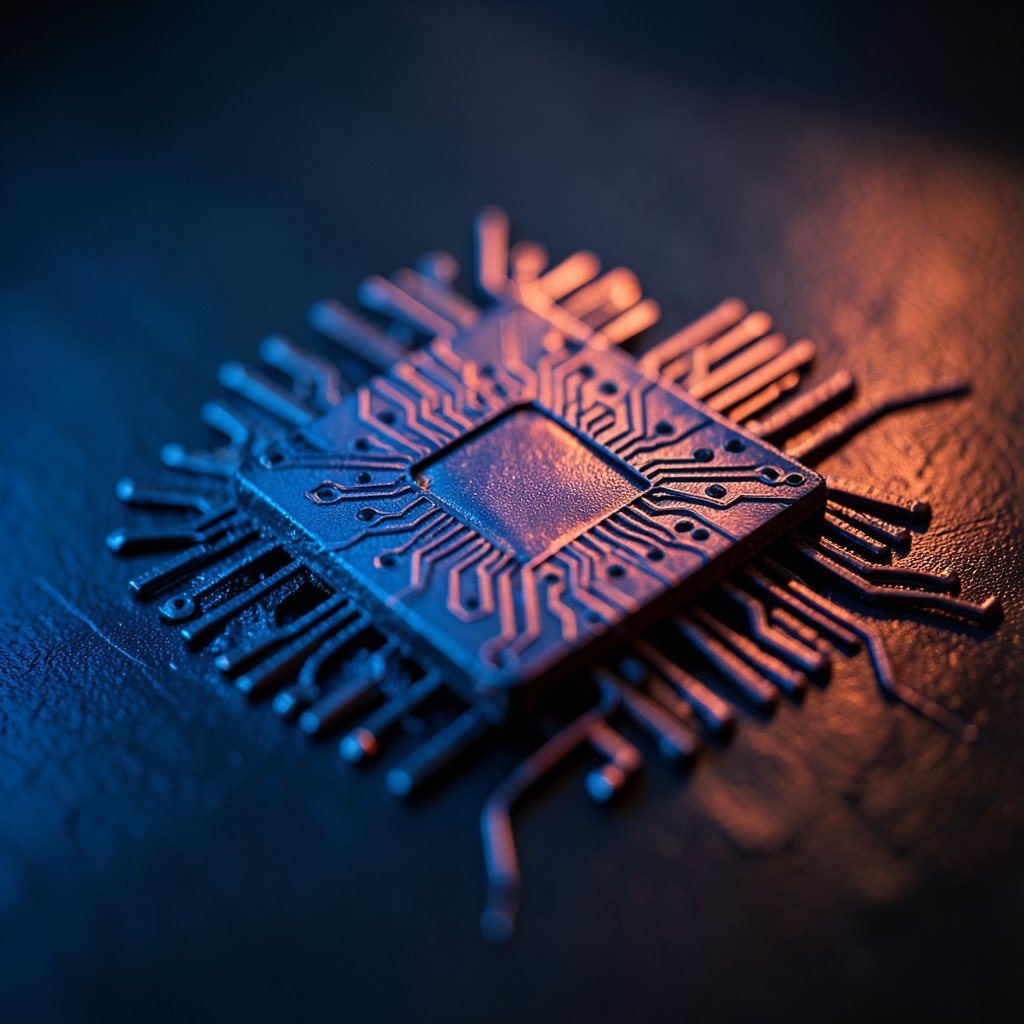 A close-up of a glowing smartphone processor chip with neural network patterns etched into silicon, macro photography style, deep blue and copper tones, dramatic lighting, no text, 4:3