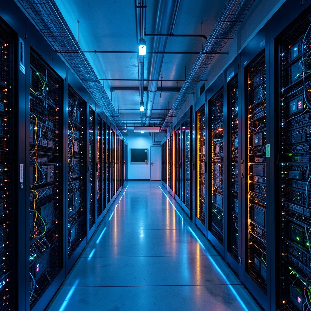 A large modern data center interior with rows of glowing server racks, AI chip hardware concept, cool blue lighting with orange accents, high-tech atmosphere, wide angle view, no text, 4:3
