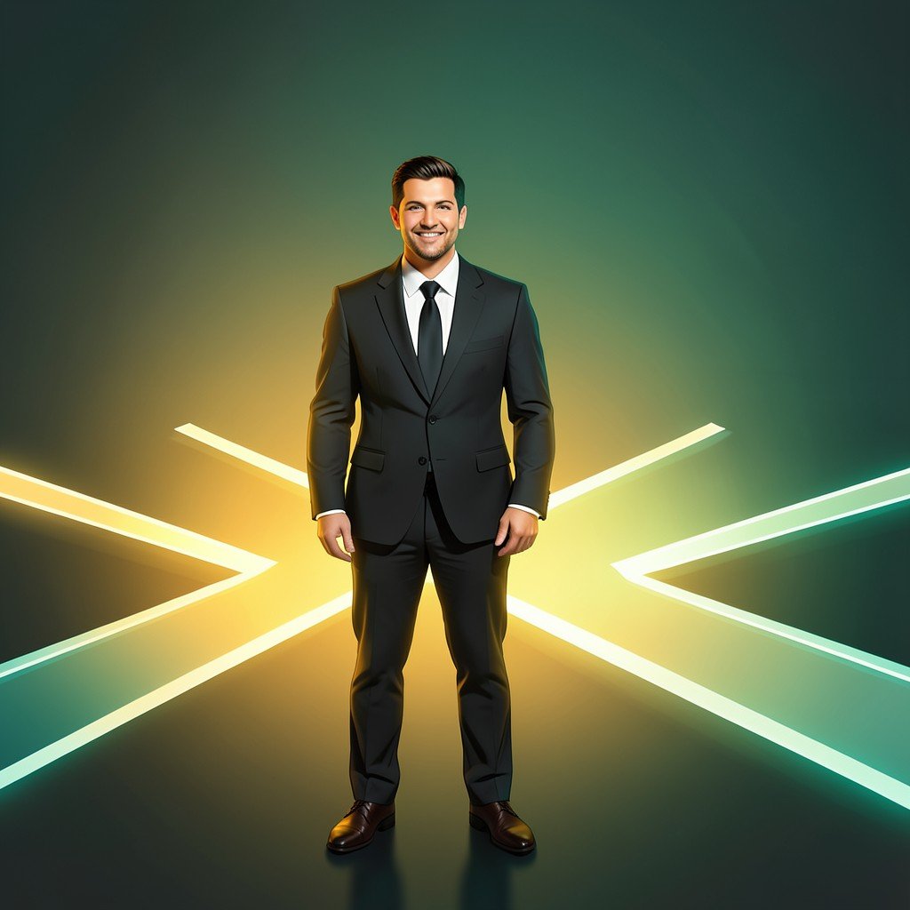A confident businessman standing at a crossroads with three illuminated pathways ahead, symbolic representation of strategic decisions, warm golden and teal lighting, modern corporate illustration style, no text, 4:3