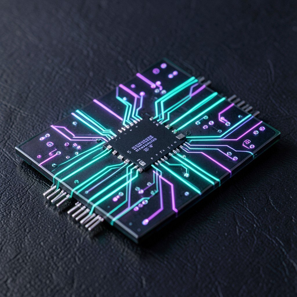 Close-up of a futuristic AI processor chip with data streams flowing through multiple processing points, glowing teal and purple circuits, dark textured background, no text, 4:3