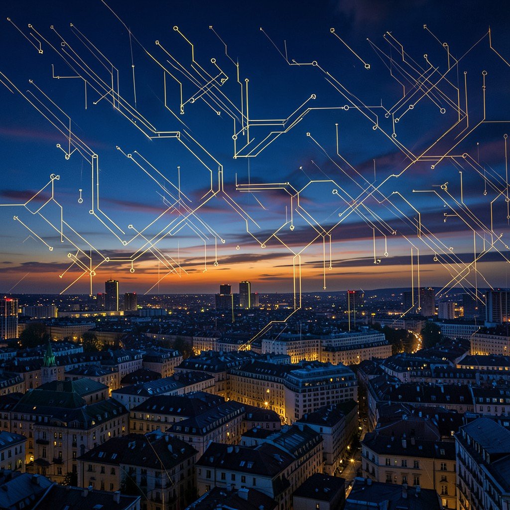 European city skyline at dusk with abstract glowing semiconductor circuit patterns overlaying the sky, deep blue and gold tones, wide angle view, no text, 4:3