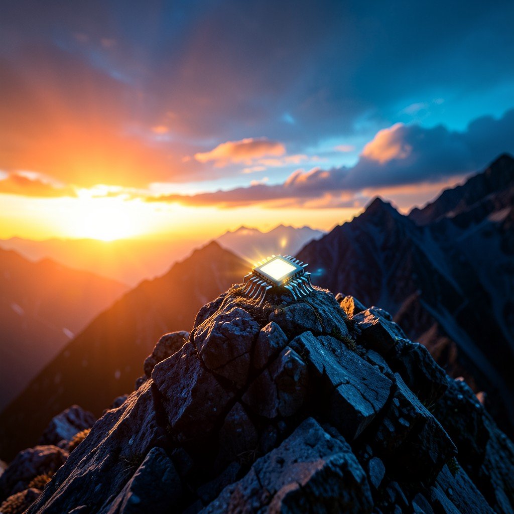 A single glowing microchip on a rocky mountain peak at sunrise symbolizing challenge and growth, warm orange and cool blue contrast, dramatic but hopeful atmosphere, no text, 4:3