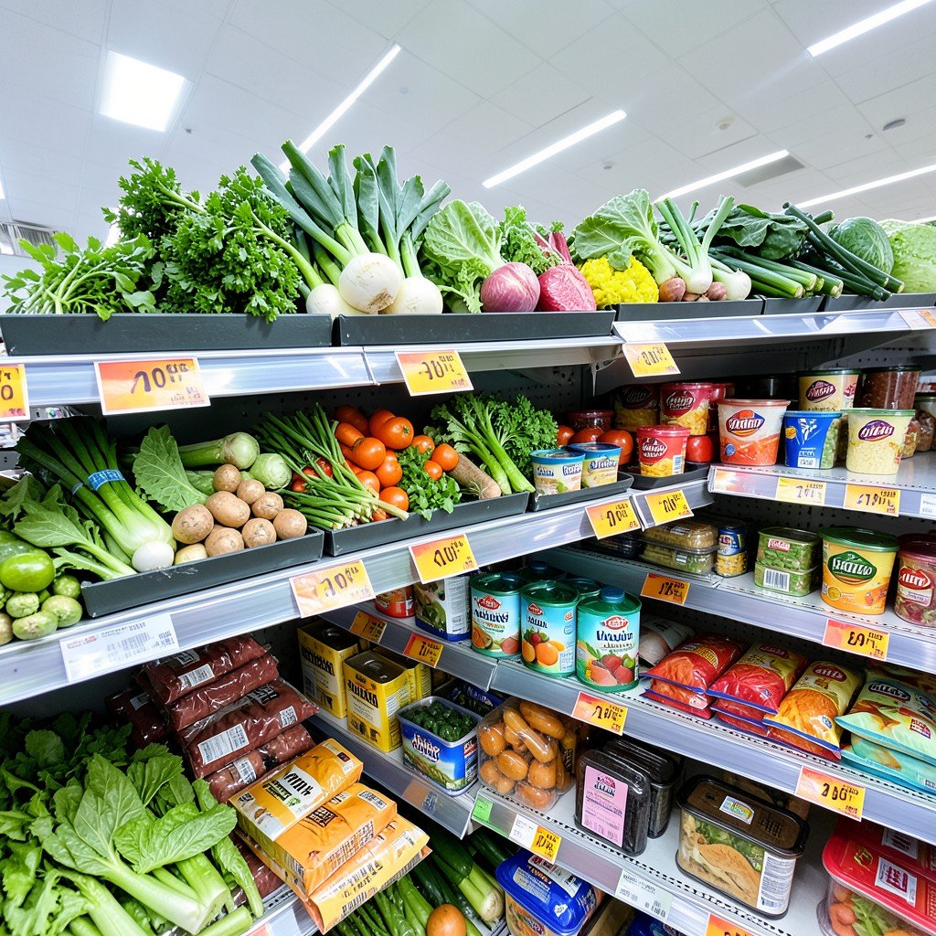 Fresh vegetables and packaged food on supermarket shelves with discount labels, colorful and vibrant display, bright balanced lighting, no visible readable text, 4:3