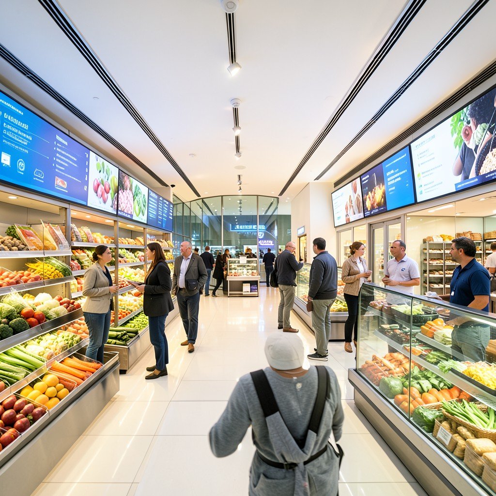 A bright futuristic grocery store interior with digital displays and fresh food sections, modern clean design, people shopping naturally, warm welcoming atmosphere, no visible text, 4:3