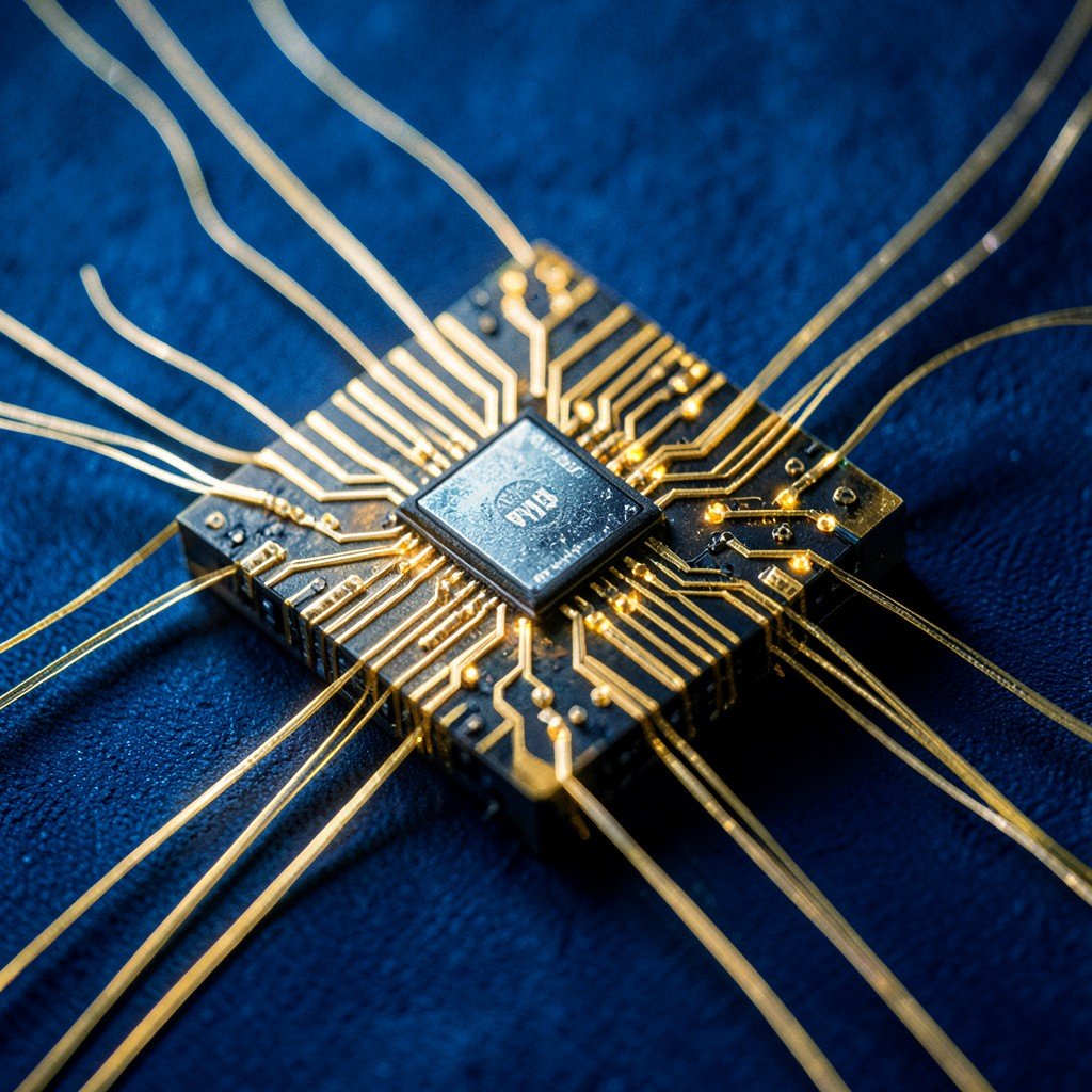 Close-up of a next generation AI inference processor chip with intricate golden circuits, glowing data streams flowing through it, deep blue textured background, high detail macro photography style, no text, 4:3