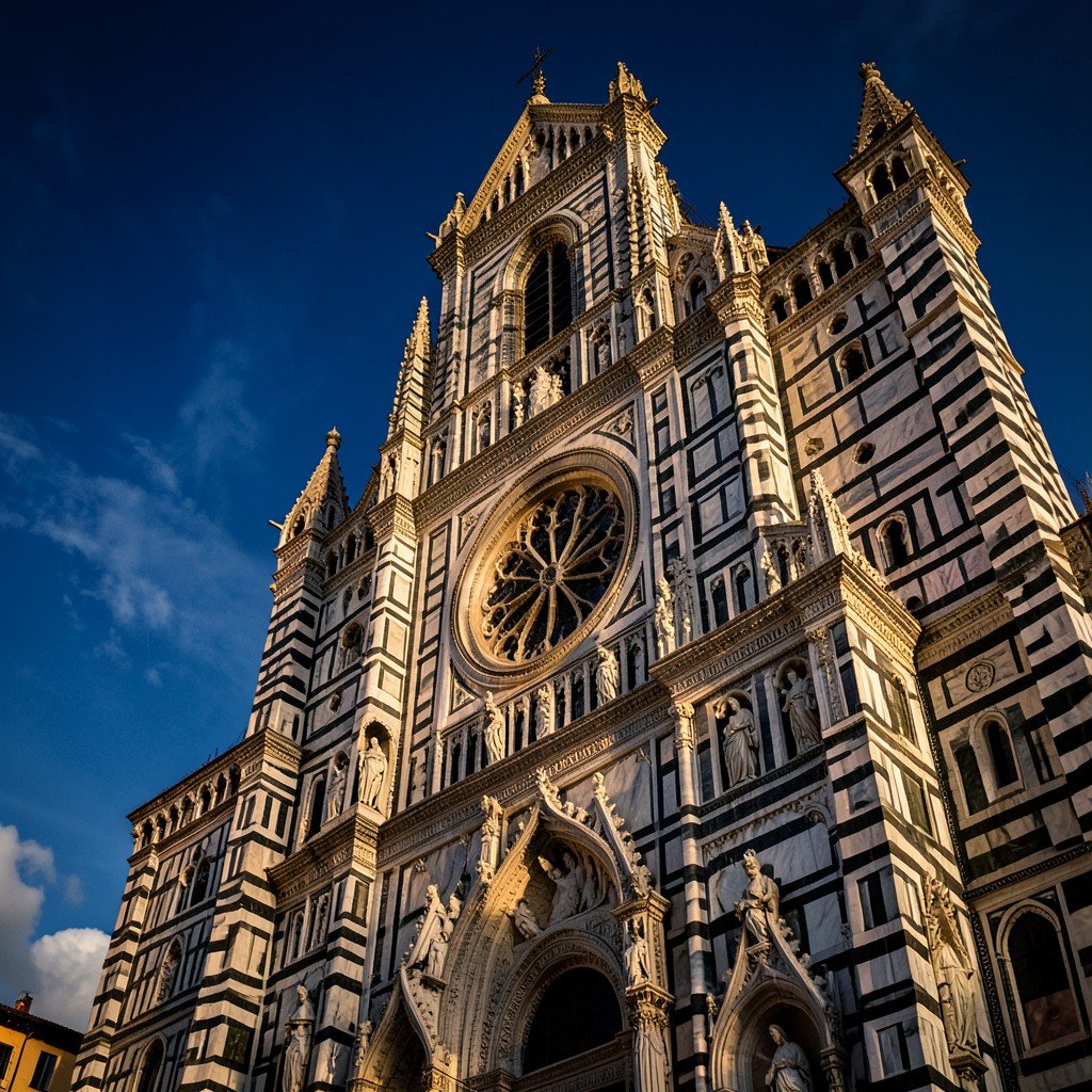 Siena Cathedral Duomo di Siena facade, black and white striped marble gothic architecture, intricate sculptures and rose window, dramatic blue sky background, detailed architectural photography, warm Italian sunlight, 4:3
