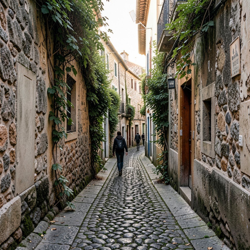 Narrow historic cobblestone alley called Street of Sighs in Colonia del Sacramento, old colonial walls with plants, soft morning light, artistic travel photography, 4:3