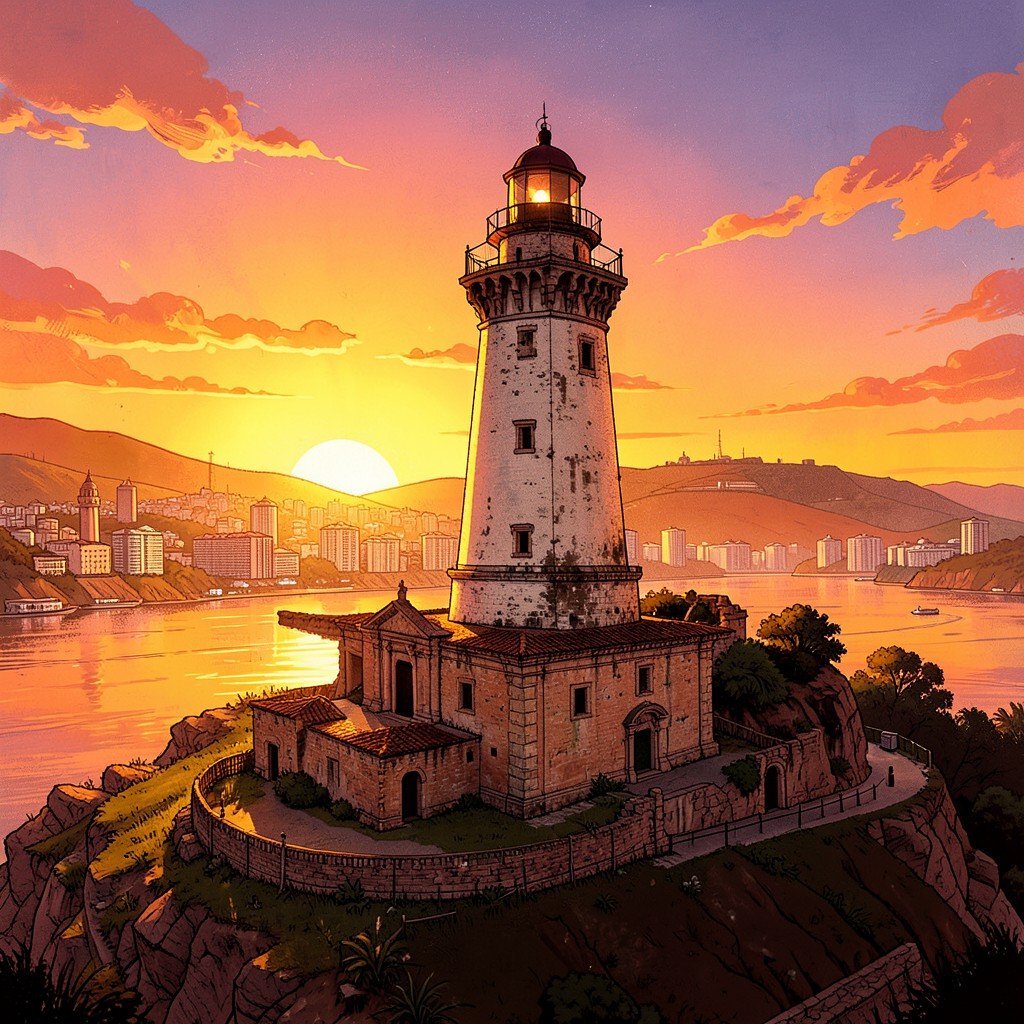 Historic lighthouse of Colonia del Sacramento Uruguay at sunset, convent ruins at base, golden light over Rio de la Plata river, artistic illustration style, 4:3