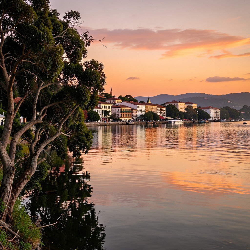 Riverside view of Colonia del Sacramento Uruguay at dusk, calm Rio de la Plata water, old trees and warm sky colors, peaceful travel scene, 4:3