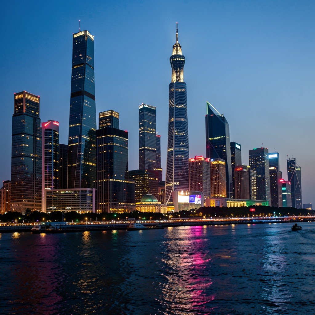 Shanghai skyline at dusk with glowing skyscrapers and financial district lights reflecting on the river, cinematic photography, no visible text, 4:3 aspect ratio