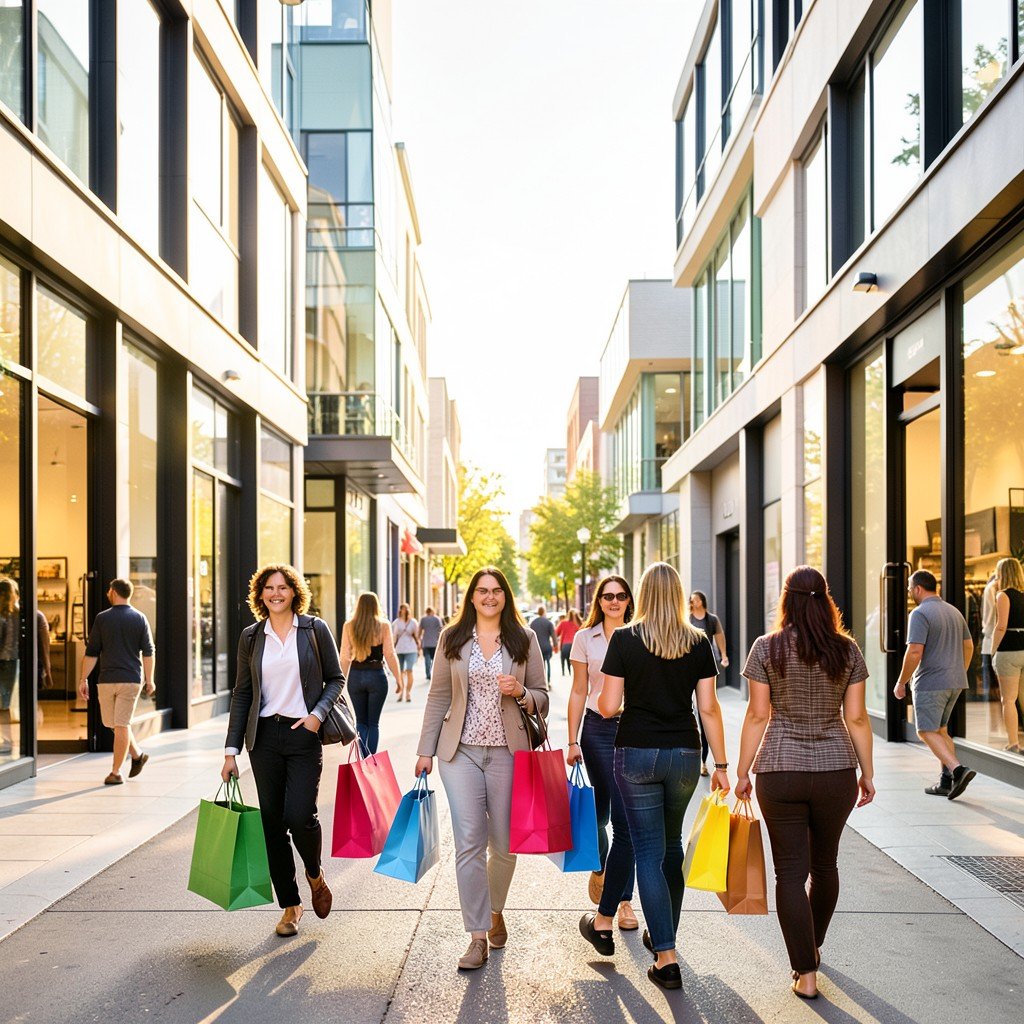 A bright modern American shopping street with people carrying shopping bags, warm afternoon sunlight, lifestyle photography, no visible text, 4:3 aspect ratio
