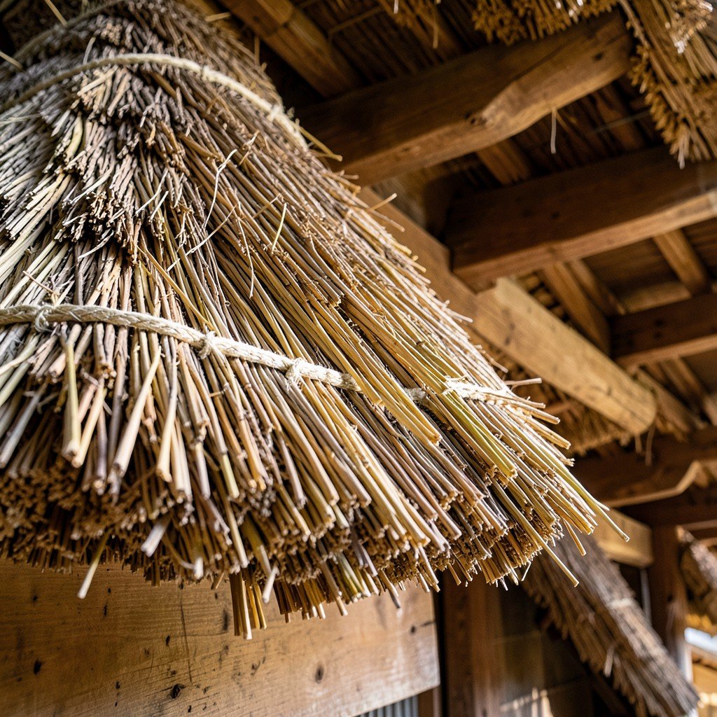 Close-up of traditional thatched roof construction of gassho-zukuri house in Japan, detailed straw layering and rope bindings, no nails, rustic wooden beams, warm natural lighting, 4:3