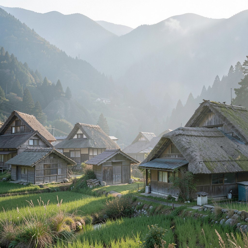 Quiet Ainokura village in Gokayama Japan, small cluster of thatched-roof houses, misty mountains in background, peaceful rural atmosphere, soft morning light, 4:3