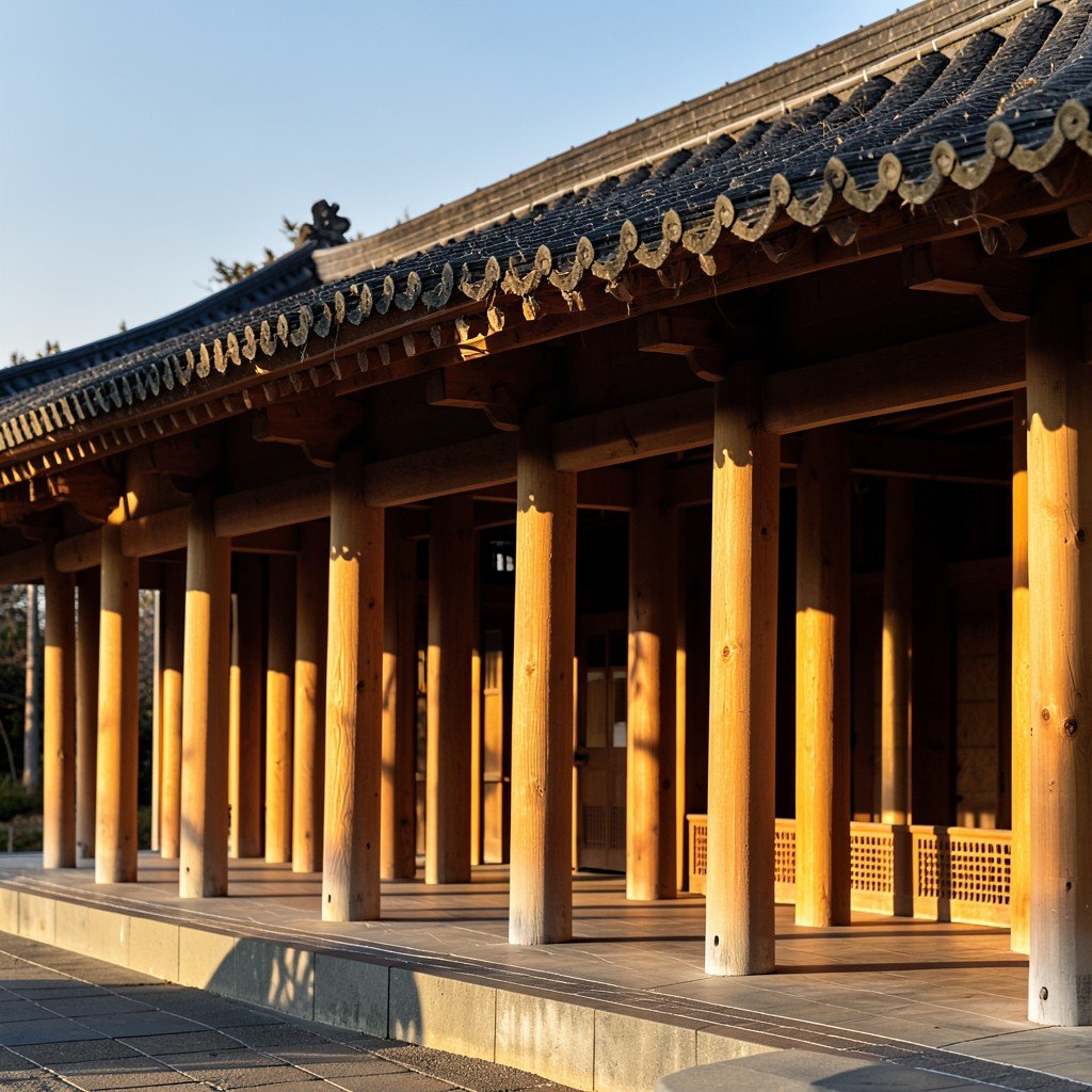 close-up view of Jongmyo Jeongjeon long wooden facade with repetitive pillars and dark tiled roof, minimalist Confucian architecture, warm afternoon sunlight, no people, 4:3